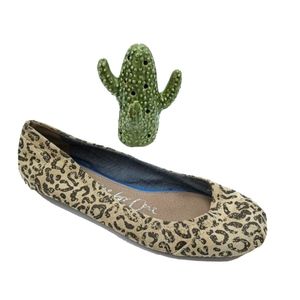 TOMS Beige Black Ballet Flat Chambray Cheetah Print Animal Faux Suede Side On